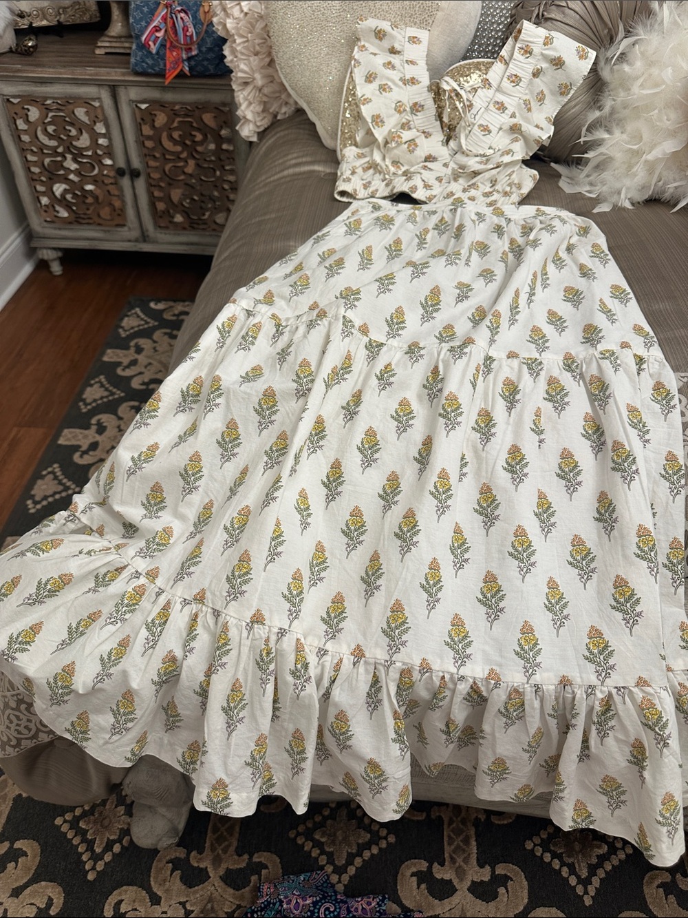 Women's Cream Floral Ruffle Two piece Maxi top and skirt set - Picture 3 of 4